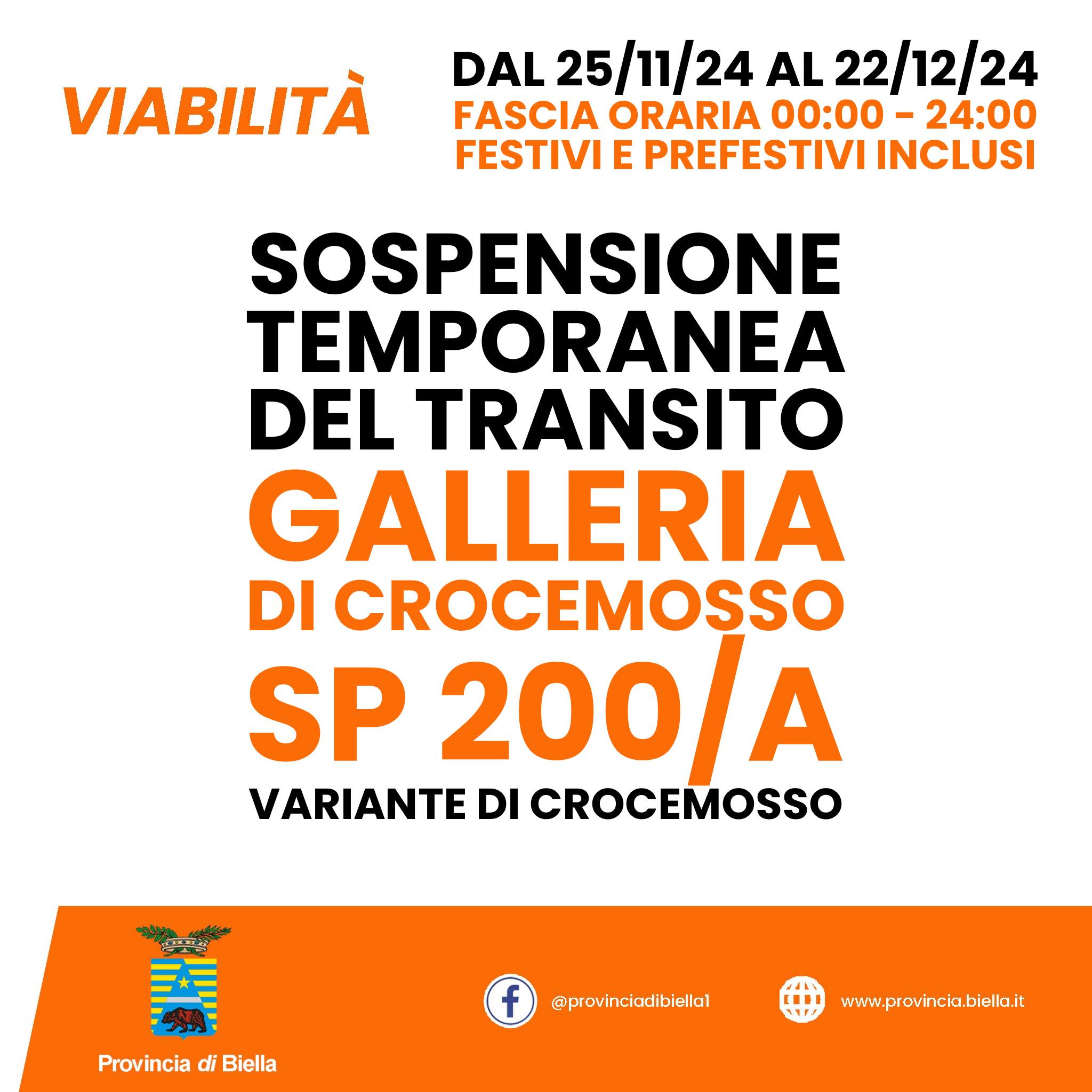 Galleria di Crocemosso chiusa dal 25 novembre fino al 22 dicembre