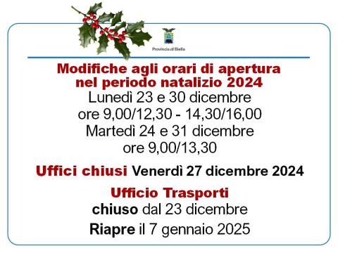 Immagine notizia Orari nel periodo natalizio 2024